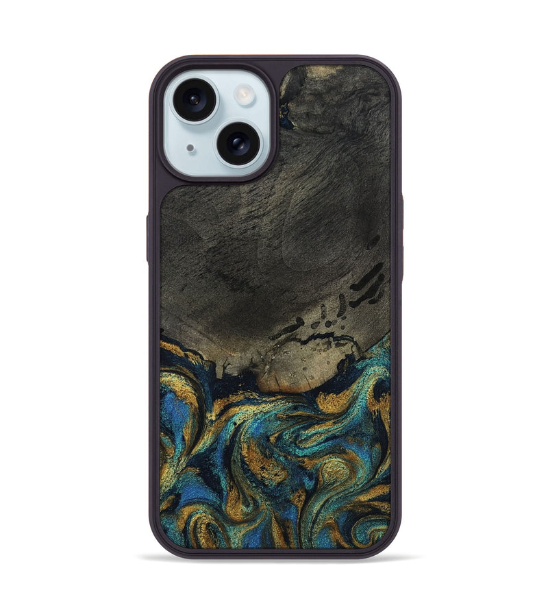 iPhone 15 Wood Phone Case - Paisley (Teal & Gold, 802985)