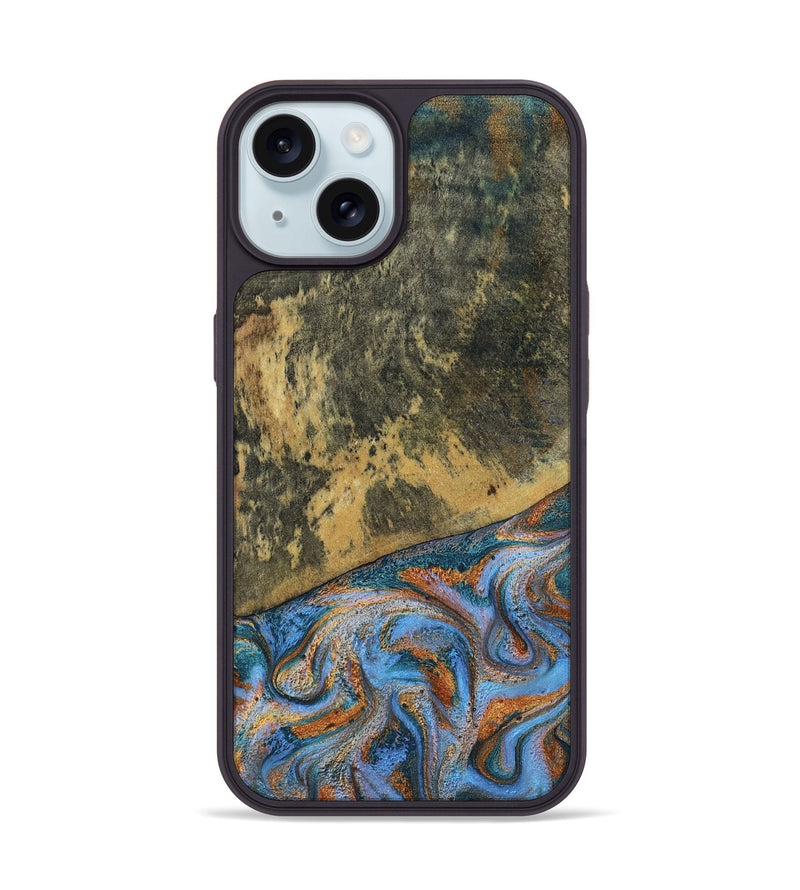 iPhone 15 Wood Phone Case - Rey (Teal & Gold, 802995)