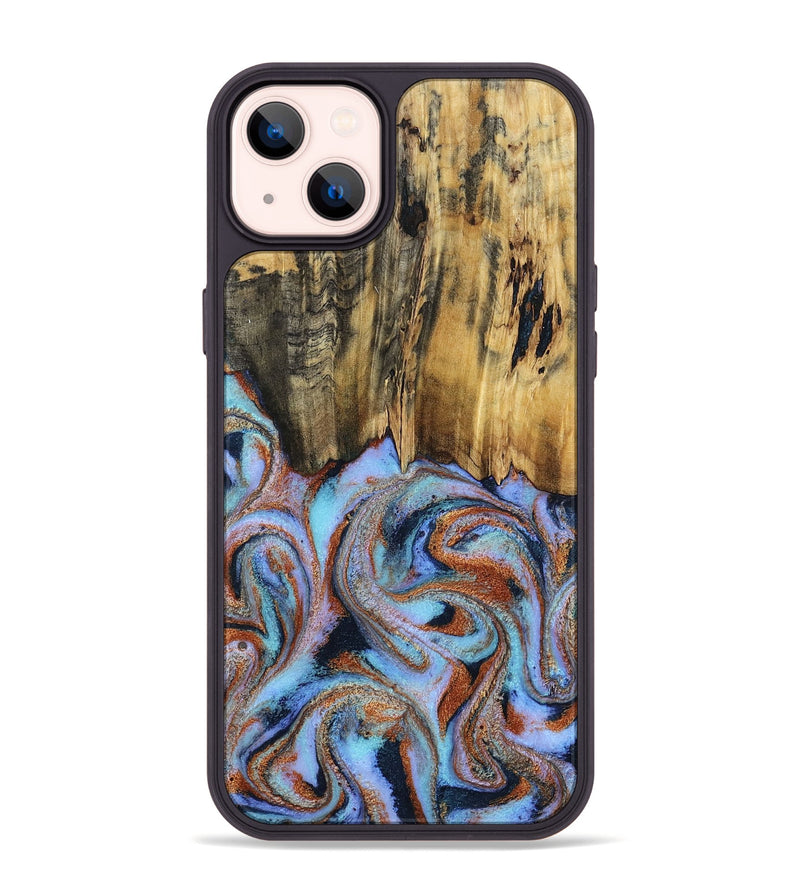 iPhone 14 Plus Wood Phone Case - Sandy (Teal & Gold, 803393)