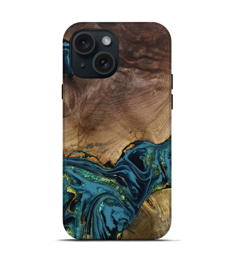 iPhone 15 Wood Live Edge Phone Case - Cillian (Teal & Gold, 803528)