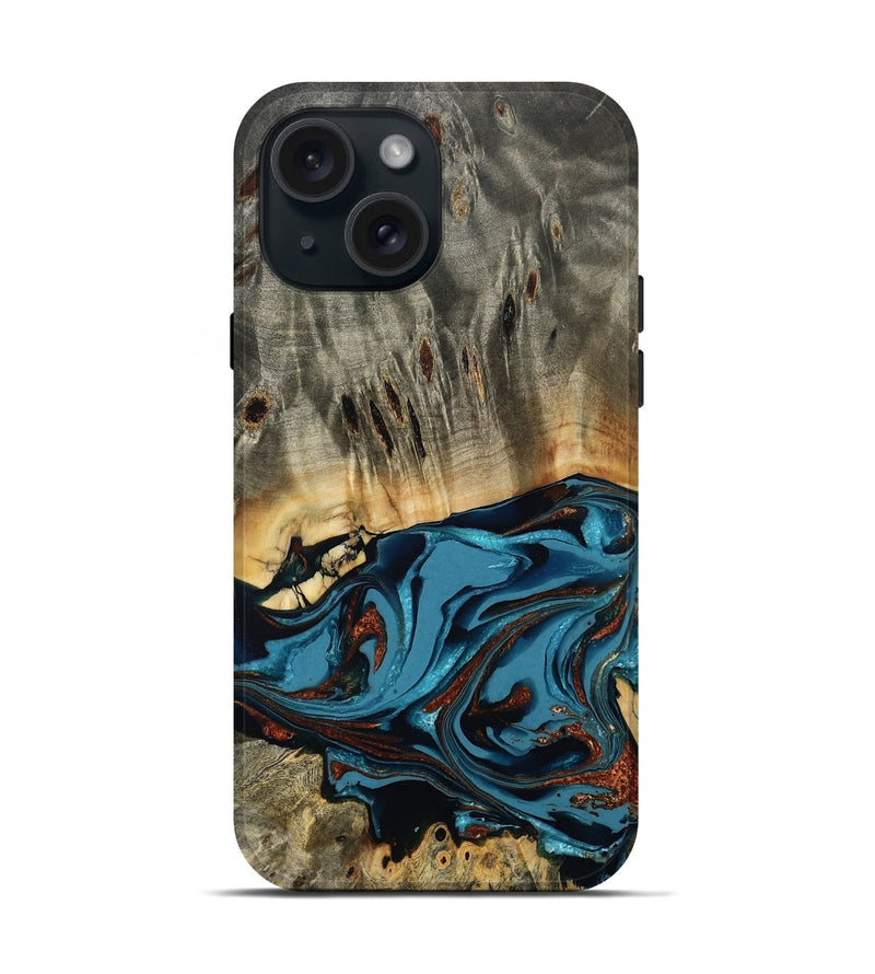 iPhone 15 Wood Live Edge Phone Case - Aviana (Teal & Gold, 803546)