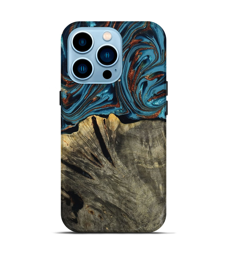 iPhone 14 Pro Wood Live Edge Phone Case - Brixton (Teal & Gold, 803564)