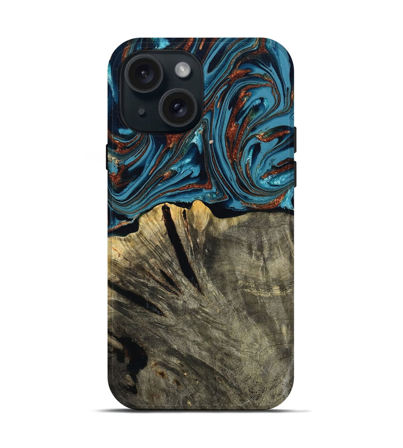 iPhone 15 Wood Live Edge Phone Case - Brixton (Teal & Gold, 803564)