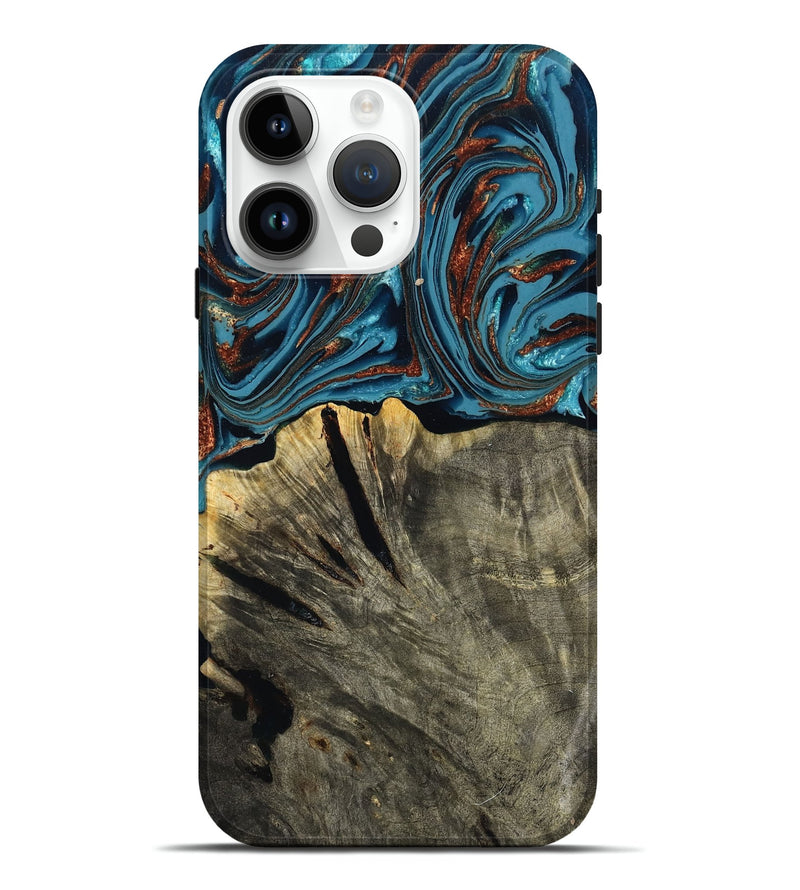 iPhone 15 Pro Max Wood Live Edge Phone Case - Brixton (Teal & Gold, 803564)