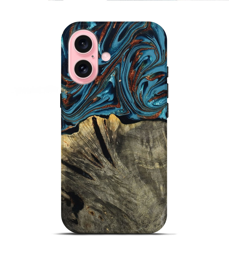 iPhone 16 Wood Live Edge Phone Case - Brixton (Teal & Gold, 803564)