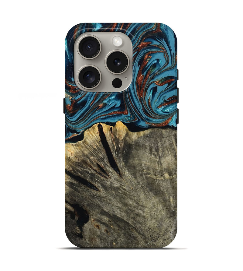 iPhone 16 Pro Wood Live Edge Phone Case - Brixton (Teal & Gold, 803564)