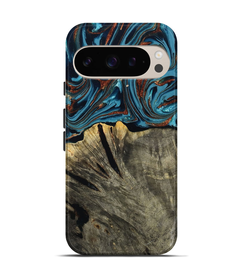 Pixel 9 Pro Wood Live Edge Phone Case - Brixton (Teal & Gold, 803564)