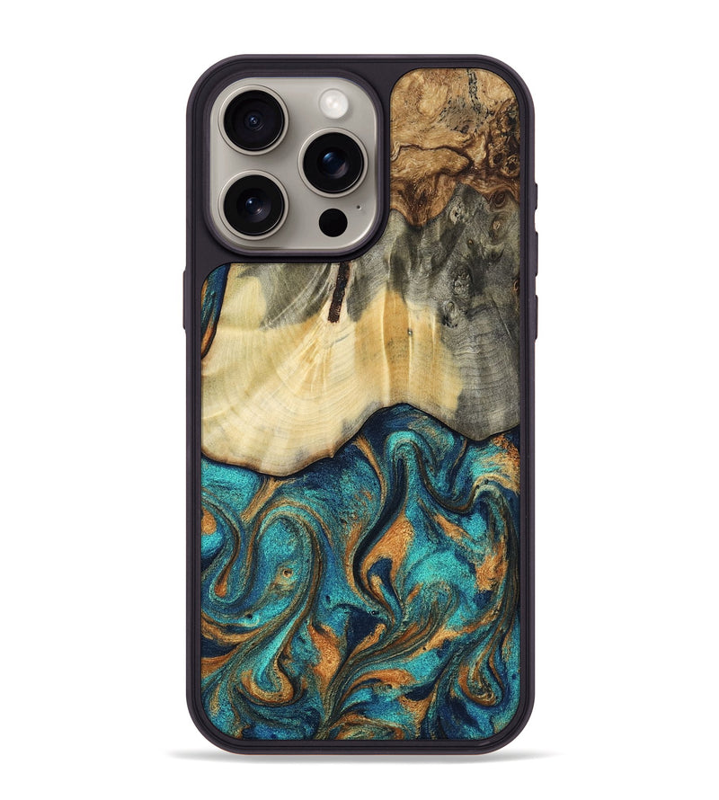 iPhone 15 Pro Max Wood Phone Case - Desirae (Teal & Gold, 803961)