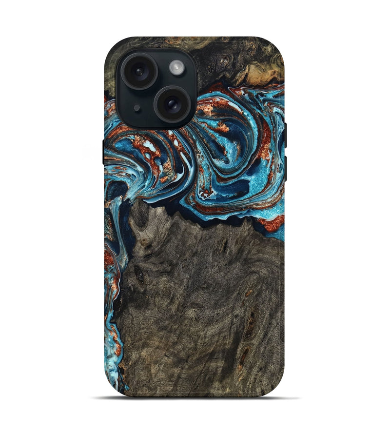 iPhone 15 Wood Live Edge Phone Case - Blaine (Teal & Gold, 804155)