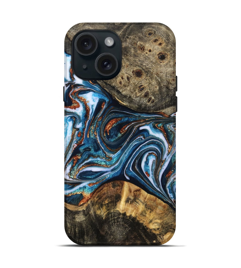 iPhone 15 Wood Live Edge Phone Case - Hosea (Teal & Gold, 804157)
