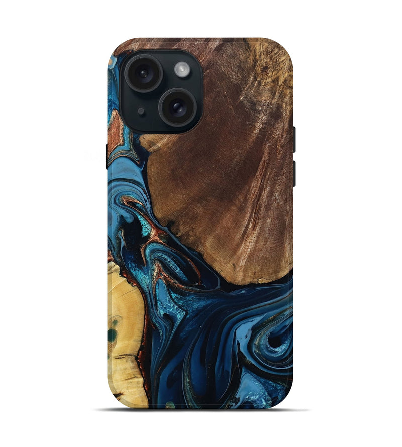 iPhone 15 Wood Live Edge Phone Case - Velvet (Teal & Gold, 804363)