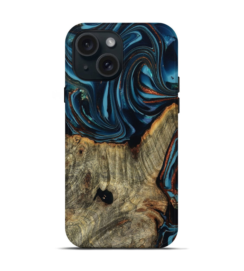 iPhone 15 Wood Live Edge Phone Case - Victor (Teal & Gold, 804738)