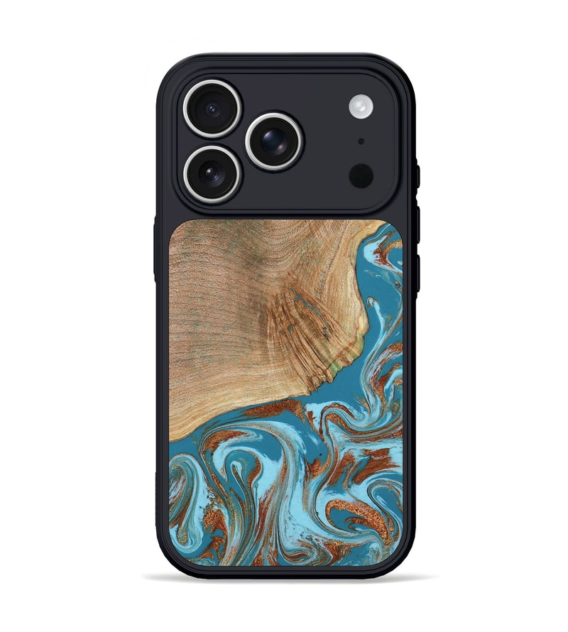 iPhone 17 Pro Wood Phone Case - Tamya (Teal & Gold, 805199)