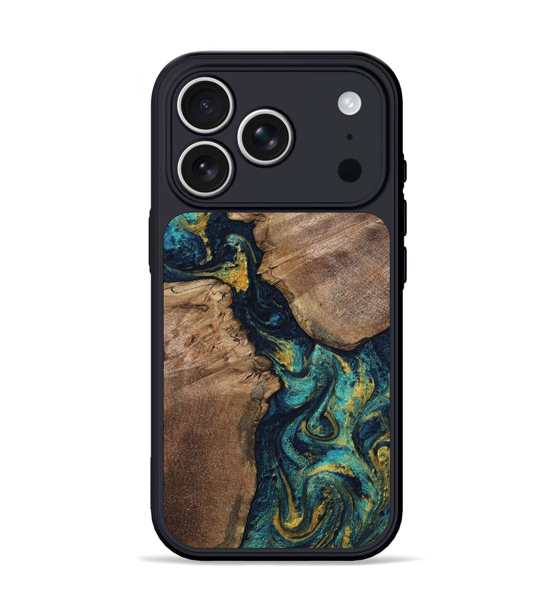 iPhone 17 Pro Wood Phone Case - Mable (Teal & Gold, 805234)