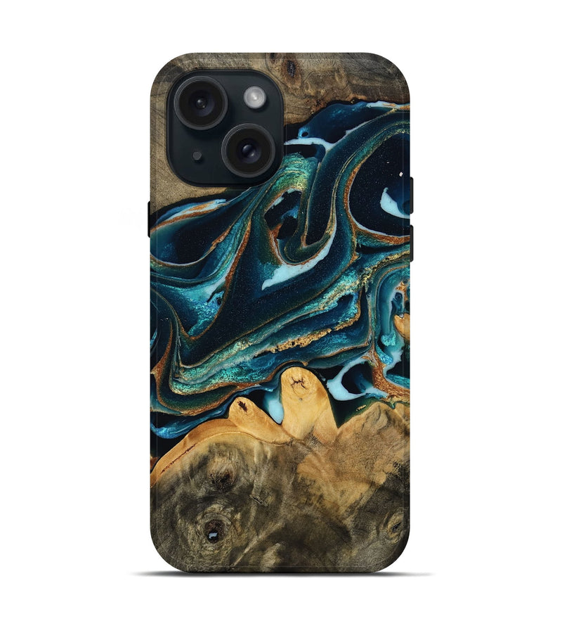 iPhone 15 Wood Live Edge Phone Case - Jakari (Teal & Gold, 805348)