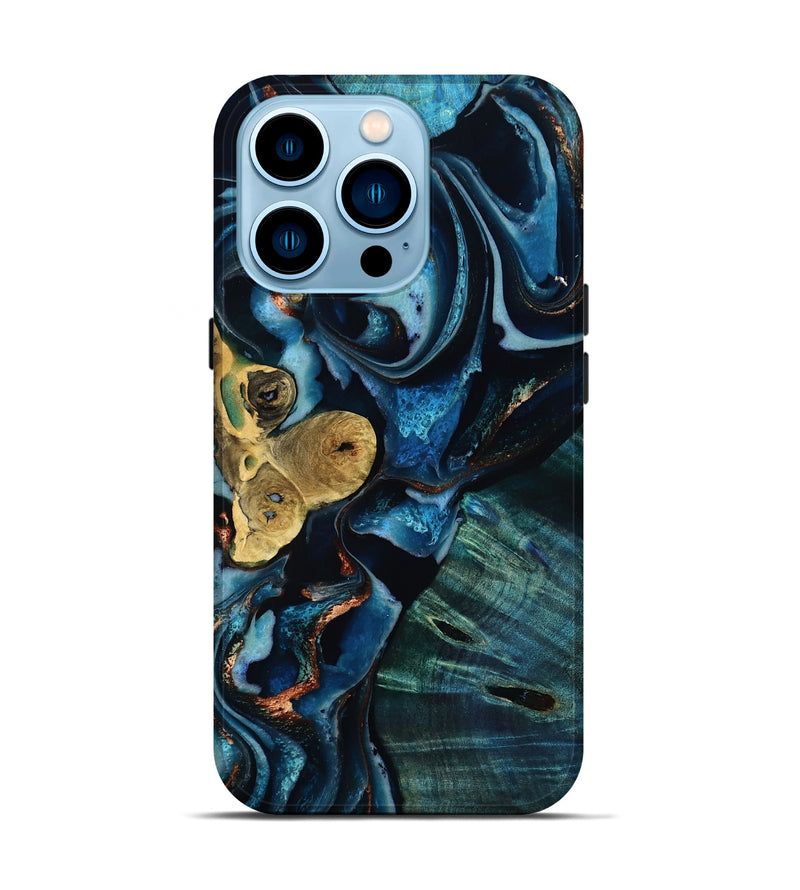 iPhone 14 Pro Wood Live Edge Phone Case - Jaxton (Teal & Gold, 805359)