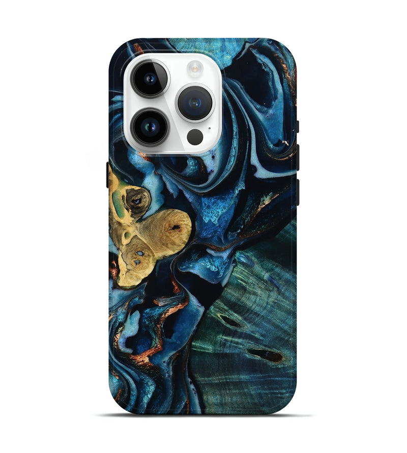 iPhone 15 Pro Wood Live Edge Phone Case - Jaxton (Teal & Gold, 805359)