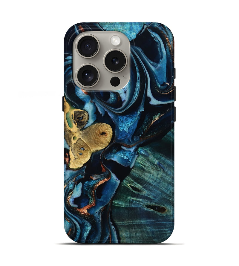 iPhone 16 Pro Wood Live Edge Phone Case - Jaxton (Teal & Gold, 805359)