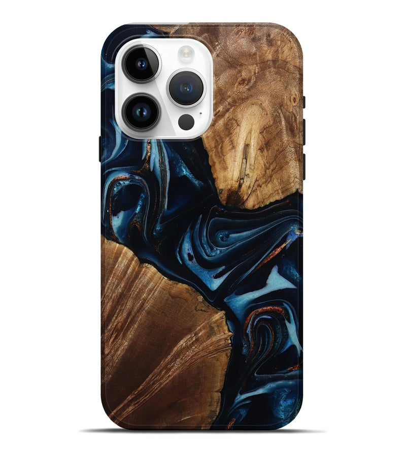 iPhone 15 Pro Max Wood Live Edge Phone Case - Willis (Teal & Gold, 805361)
