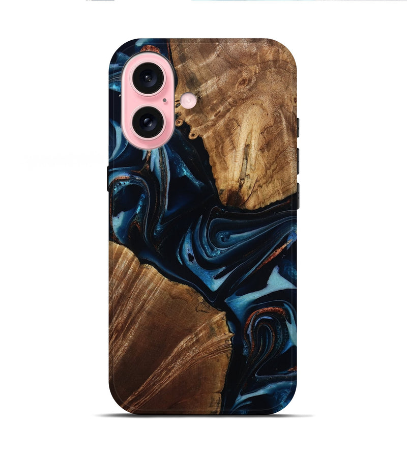 iPhone 16 Wood Live Edge Phone Case - Willis (Teal & Gold, 805361)