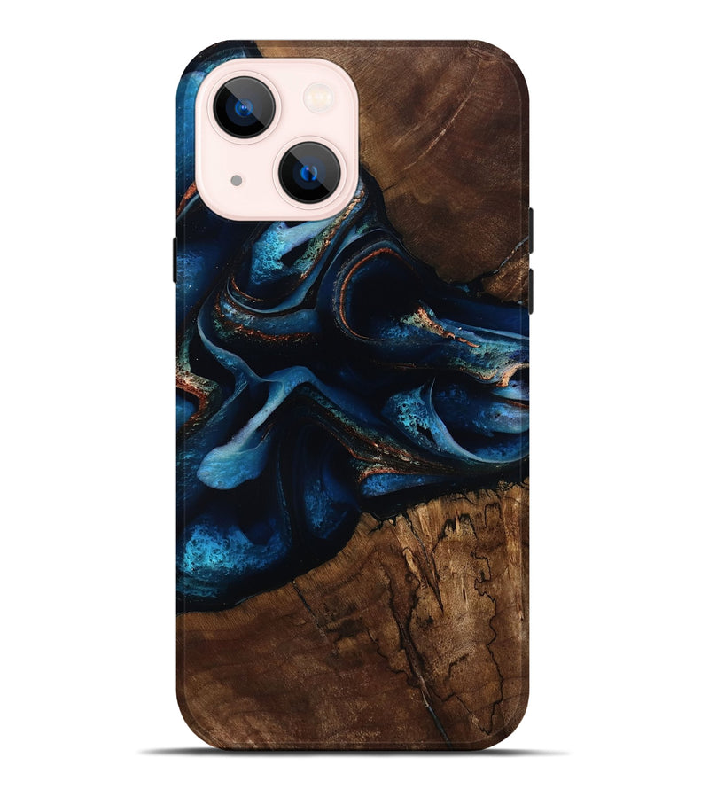 iPhone 14 Plus Wood Live Edge Phone Case - Joselyn (Teal & Gold, 805362)