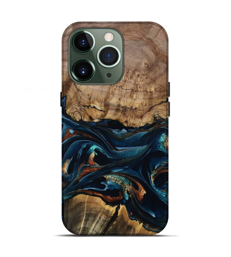 iPhone 13 Pro Wood Live Edge Phone Case - Colonel (Teal & Gold, 805371)