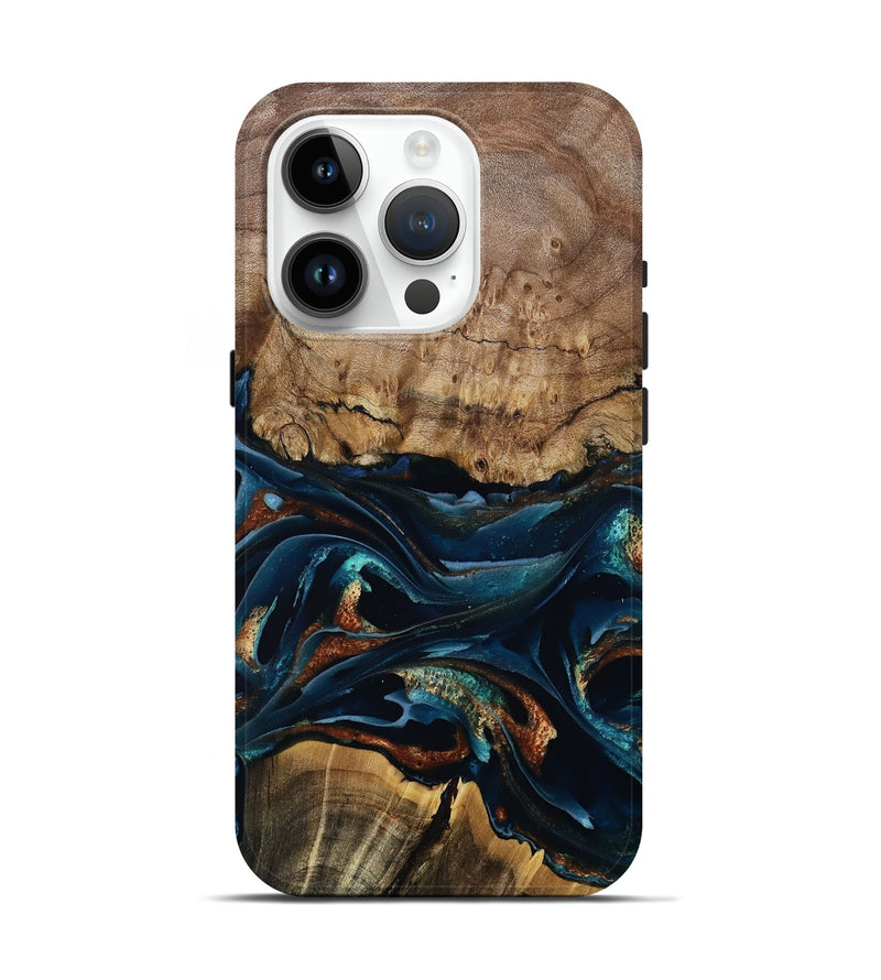 iPhone 15 Pro Wood Live Edge Phone Case - Colonel (Teal & Gold, 805371)