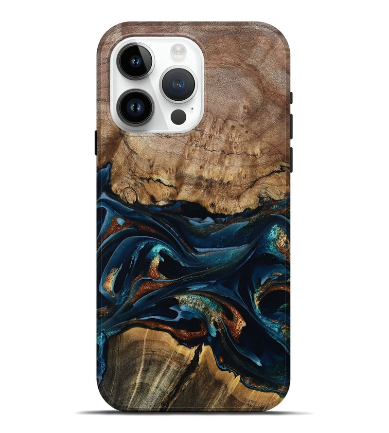 iPhone 15 Pro Max Wood Live Edge Phone Case - Colonel (Teal & Gold, 805371)