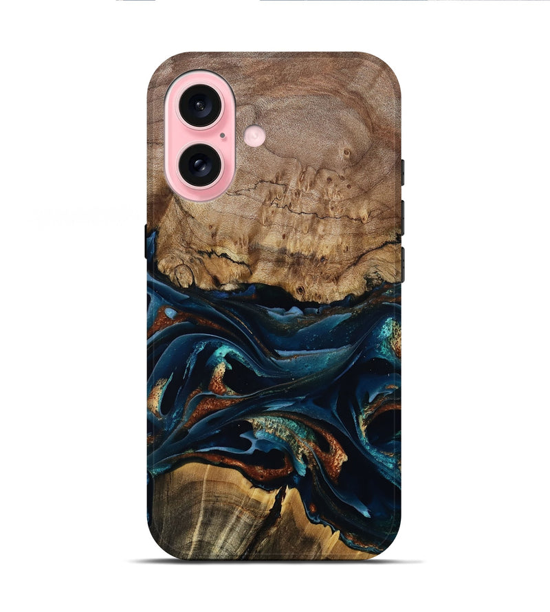 iPhone 16 Wood Live Edge Phone Case - Colonel (Teal & Gold, 805371)