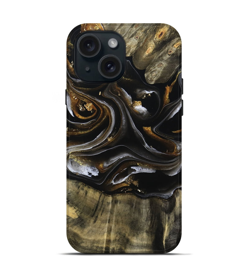 iPhone 15 Wood Live Edge Phone Case - Ruthann (Black & White, 805377)