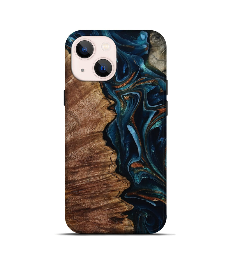 iPhone 13 mini Wood Live Edge Phone Case - Pansy (Teal & Gold, 805380)