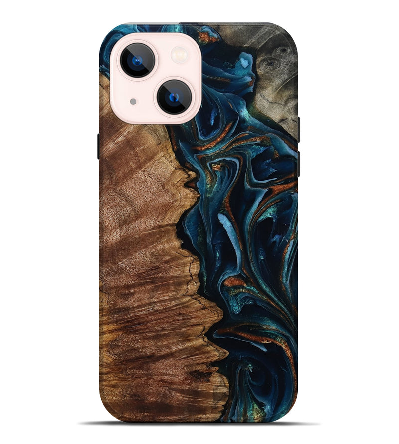 iPhone 14 Plus Wood Live Edge Phone Case - Pansy (Teal & Gold, 805380)
