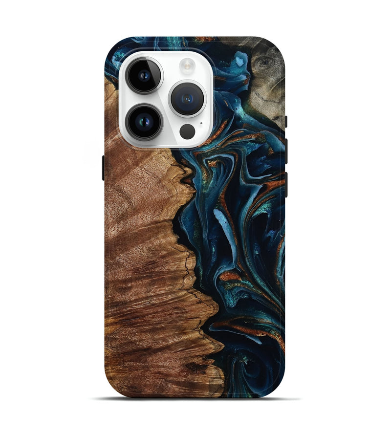 iPhone 15 Pro Wood Live Edge Phone Case - Pansy (Teal & Gold, 805380)