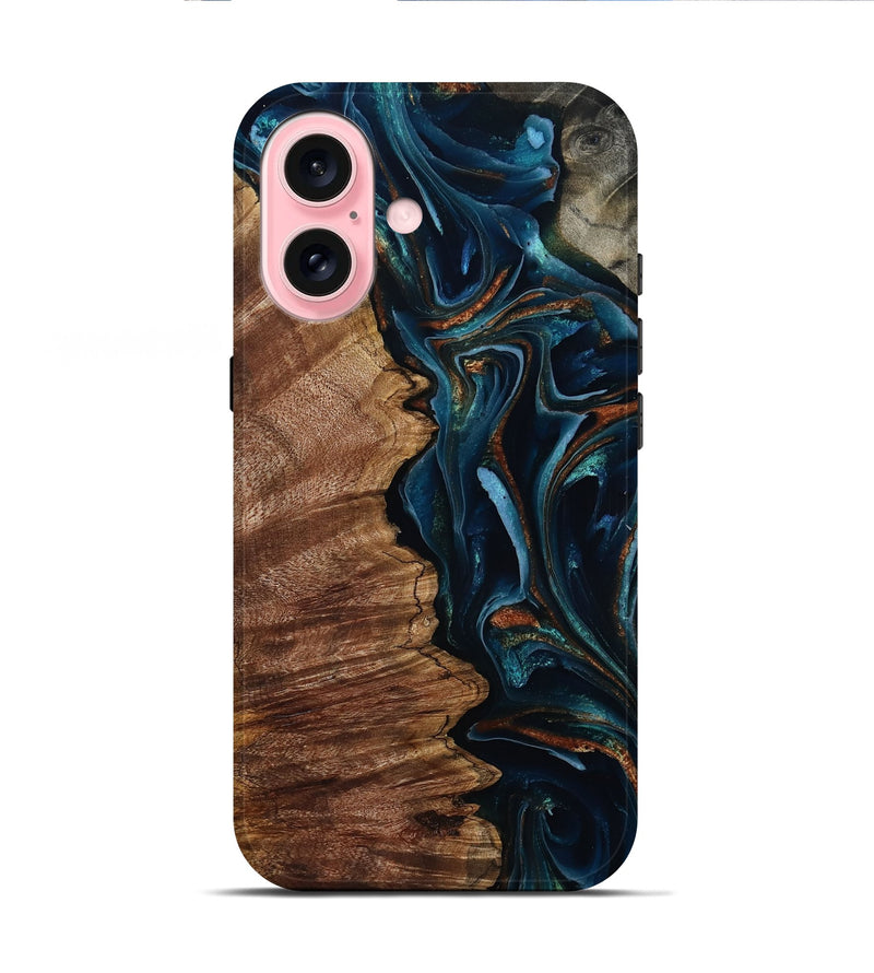 iPhone 16 Wood Live Edge Phone Case - Pansy (Teal & Gold, 805380)