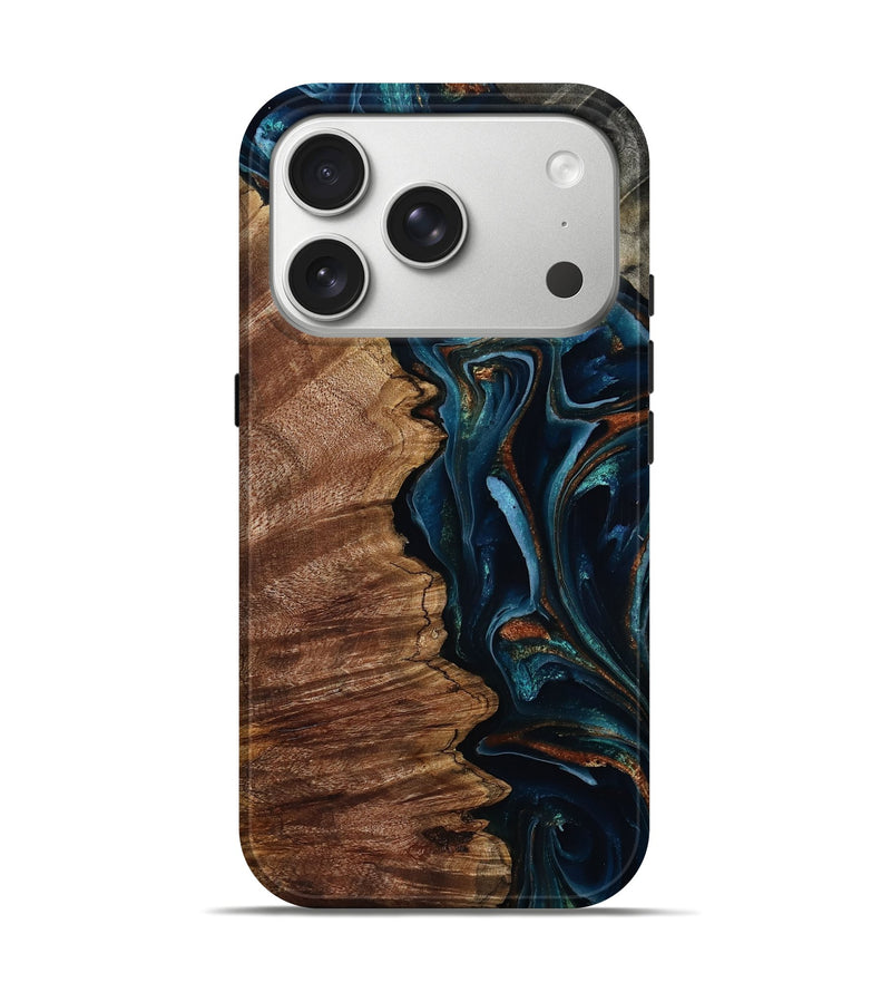 iPhone 17 Pro Wood Live Edge Phone Case - Pansy (Teal & Gold, 805380)