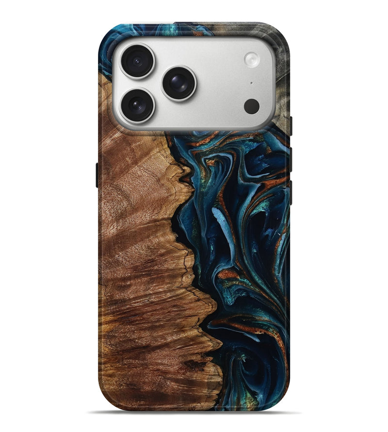 iPhone 17 Pro Max Wood Live Edge Phone Case - Pansy (Teal & Gold, 805380)