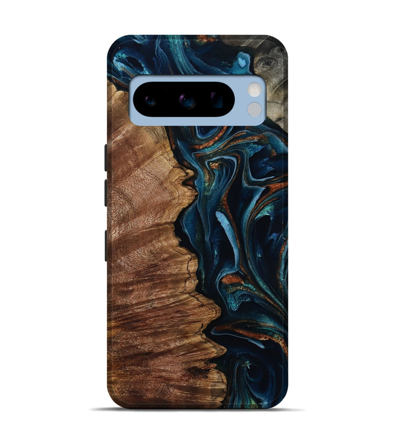 Pixel 8 Pro Wood Live Edge Phone Case - Pansy (Teal & Gold, 805380)