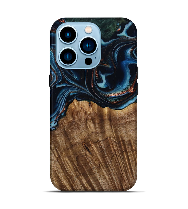 iPhone 14 Pro Wood Live Edge Phone Case - Camron (Teal & Gold, 805386)