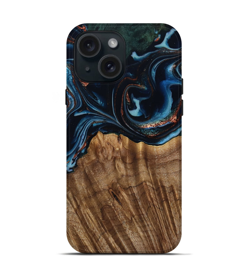 iPhone 15 Wood Live Edge Phone Case - Camron (Teal & Gold, 805386)