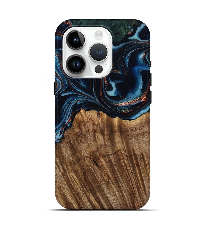 iPhone 15 Pro Wood Live Edge Phone Case - Camron (Teal & Gold, 805386)