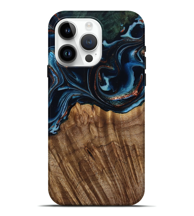 iPhone 15 Pro Max Wood Live Edge Phone Case - Camron (Teal & Gold, 805386)