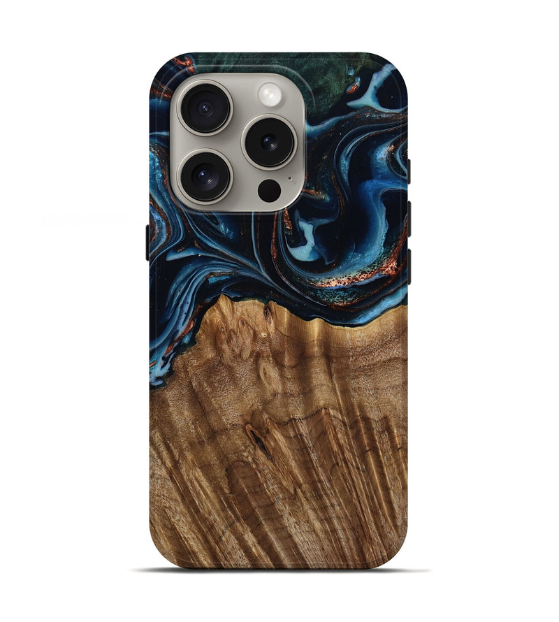 iPhone 16 Pro Wood Live Edge Phone Case - Camron (Teal & Gold, 805386)