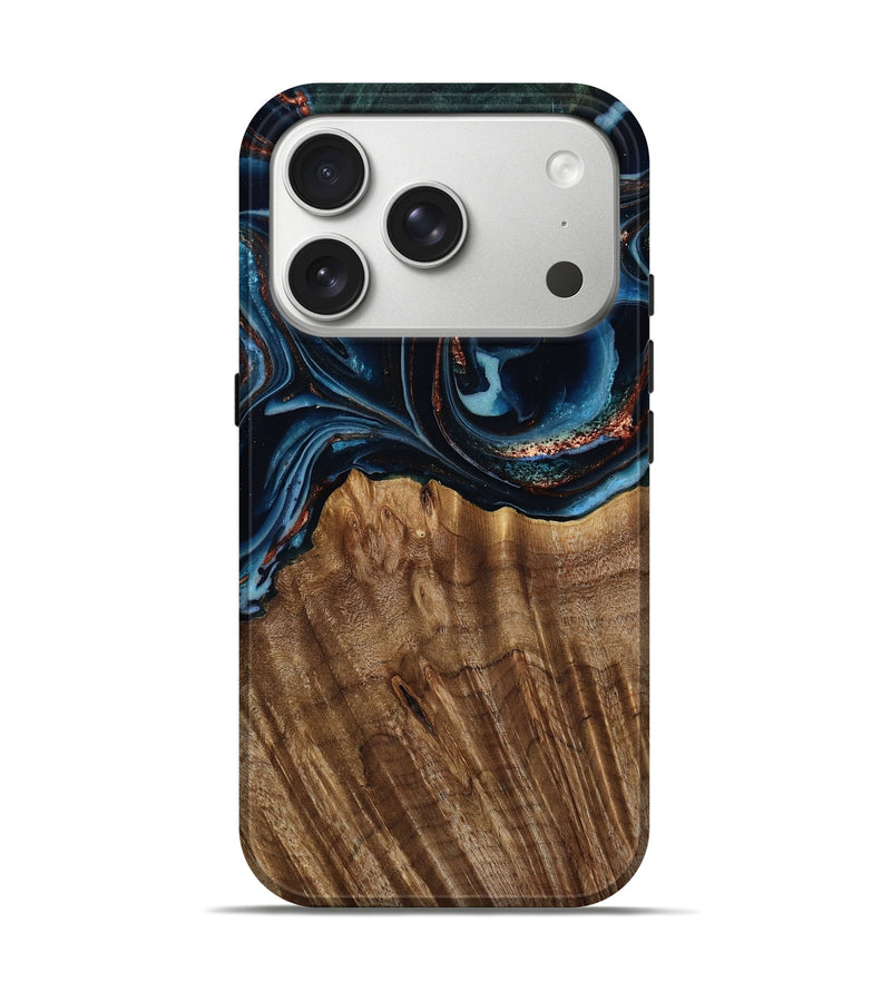 iPhone 17 Pro Wood Live Edge Phone Case - Camron (Teal & Gold, 805386)