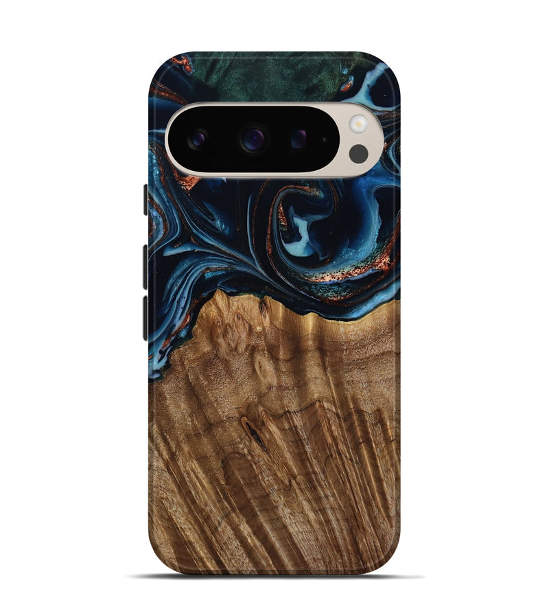 Pixel 9 Pro Wood Live Edge Phone Case - Camron (Teal & Gold, 805386)