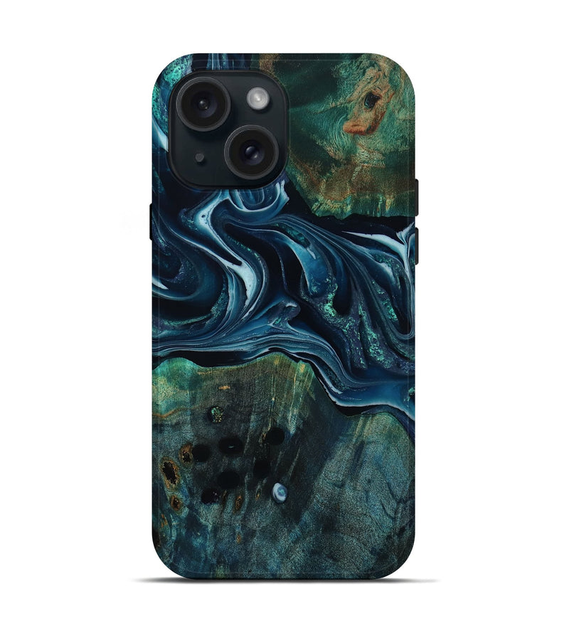 iPhone 15 Wood Live Edge Phone Case - Aubrey (Blue, 805388)