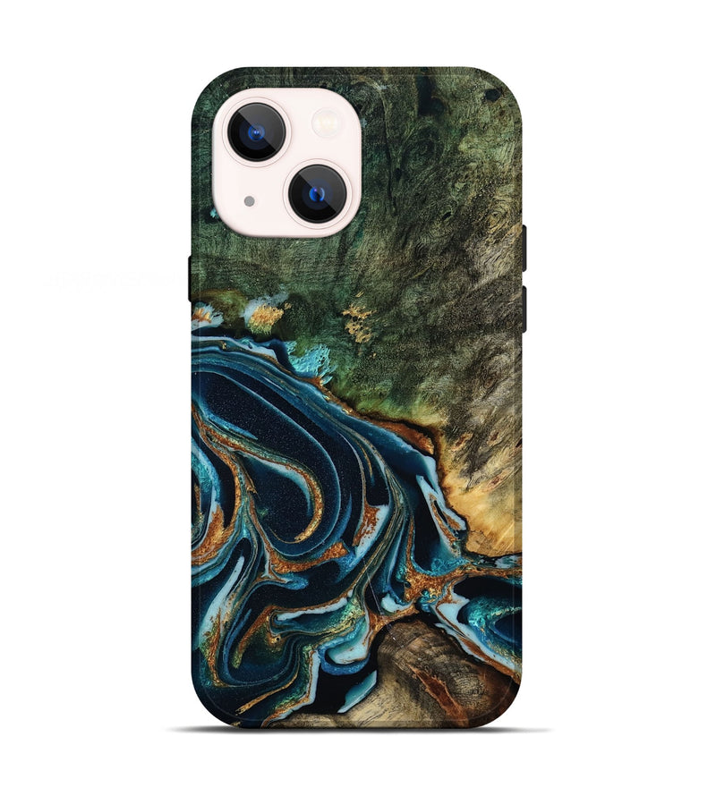 iPhone 13 Wood Live Edge Phone Case - Braelyn (Teal & Gold, 805393)