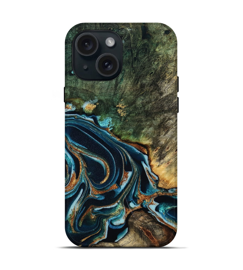 iPhone 15 Wood Live Edge Phone Case - Braelyn (Teal & Gold, 805393)