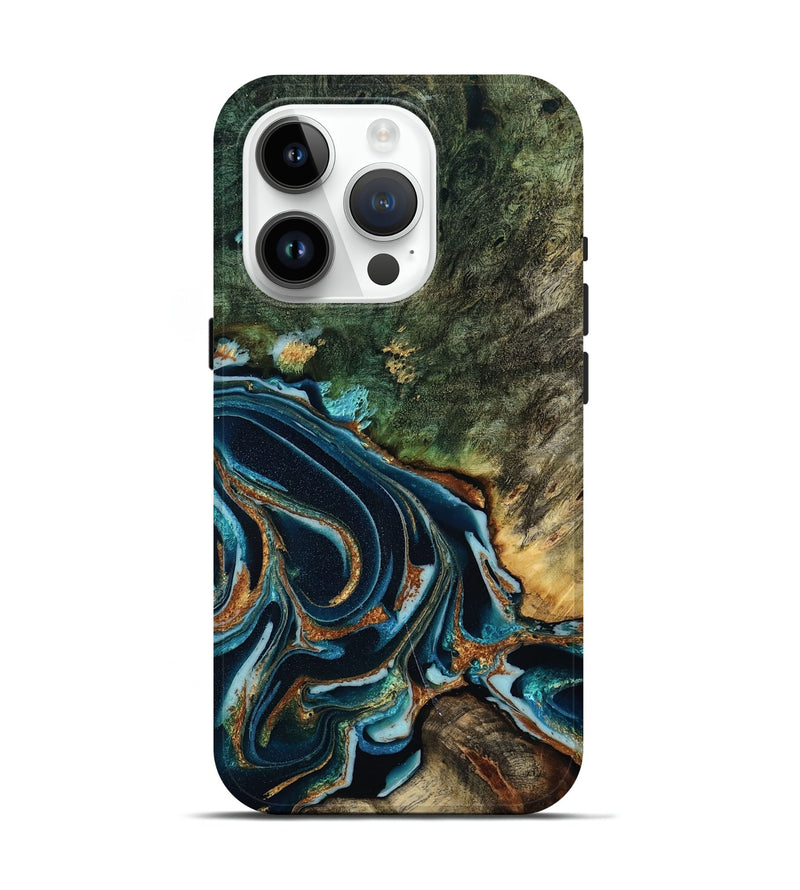 iPhone 15 Pro Wood Live Edge Phone Case - Braelyn (Teal & Gold, 805393)
