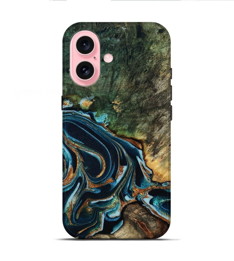 iPhone 16 Wood Live Edge Phone Case - Braelyn (Teal & Gold, 805393)