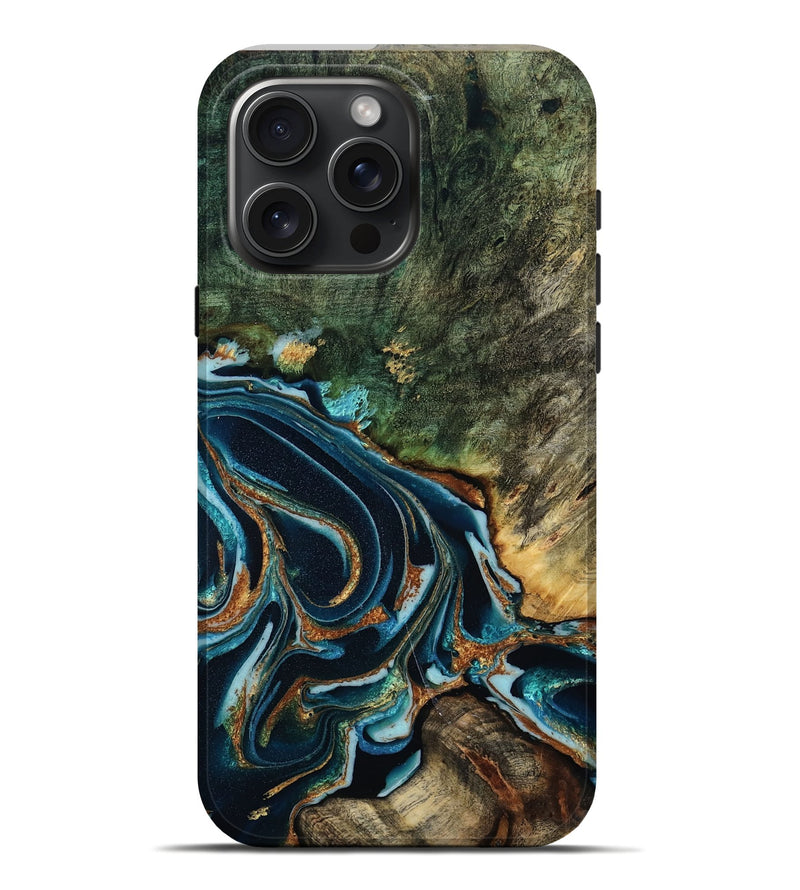 iPhone 16 Pro Max Wood Live Edge Phone Case - Braelyn (Teal & Gold, 805393)